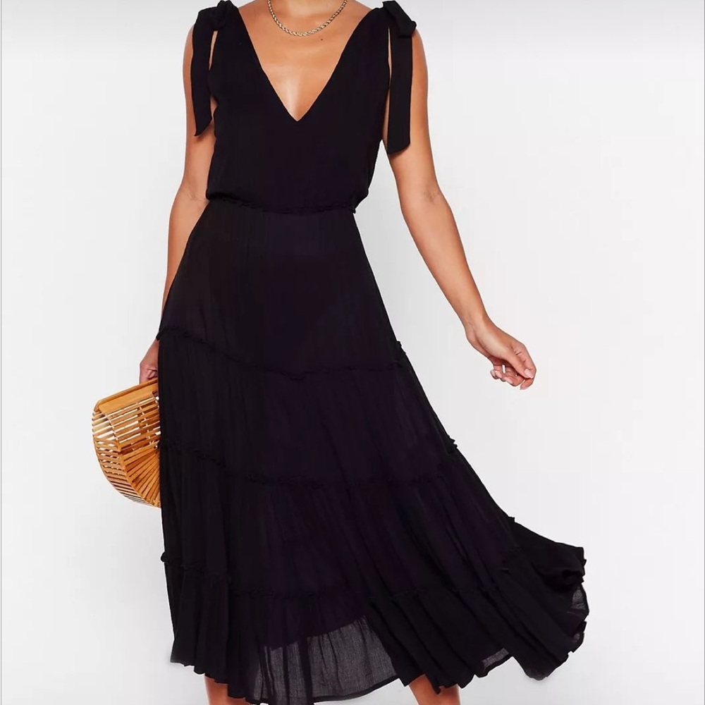 NASTYGAL Cut Ties Cover Up Maxi Dress Black Linen Dress Tiered Ruffle Size 6 - Picture 7 of 7